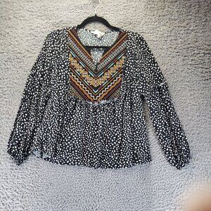 Savanna Jane Top Womens Medium Black Boho Embroidered V-Neck Polka Dot Blouse
